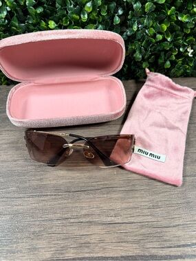 Miu Miu Rimless Sunglasses with Pink Case and Brown Gradient Lenses
